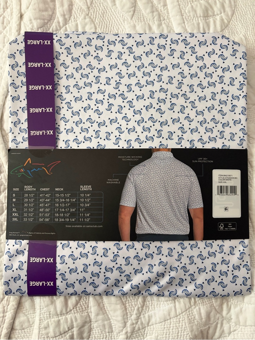 NWT Performance Polo Shirt by Greg Norman — White with Blue Print - Picture 2 of 3